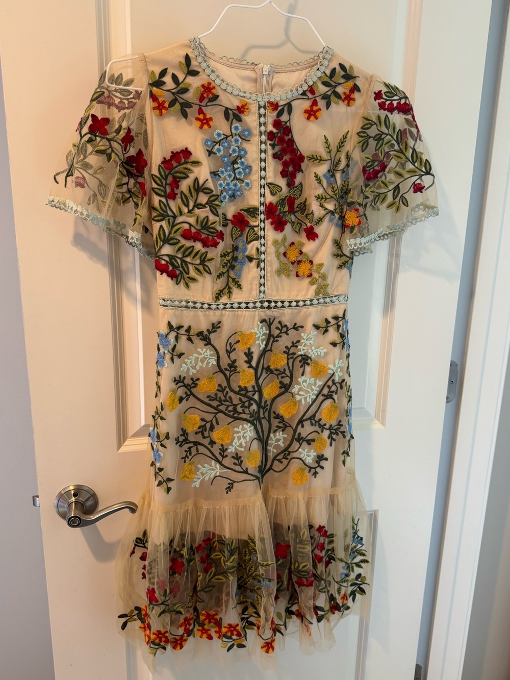 Aliana Embroidered Floral Beige Short Sleeve Mini Dress | S - Picture 3 of 5